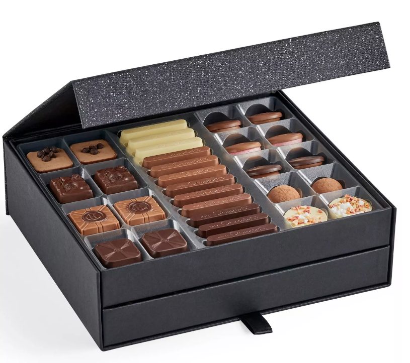 Hotel Chocolat luxury chocolate collection, open box with two layers of chocolates
